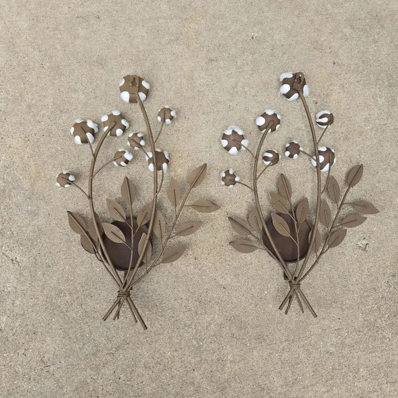 Rustic Metal Cotton Stem Hanging Wall Candle Sconces Pair Farmhouse Decor - Picture 10 of 10